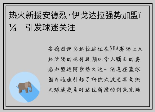 热火新援安德烈·伊戈达拉强势加盟，引发球迷关注